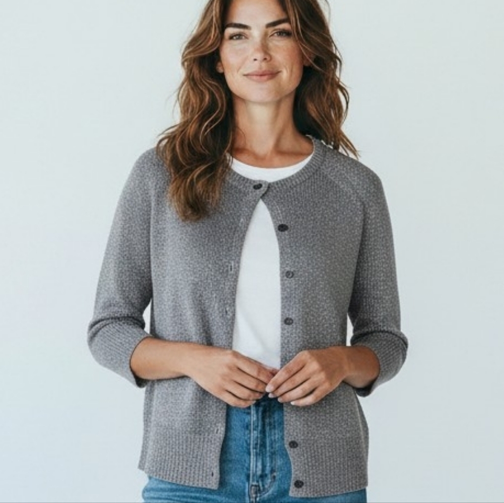 Sundance Silk Angora Blend Gray Metallic Silver Button 3/4 Sleeve Cardigan S